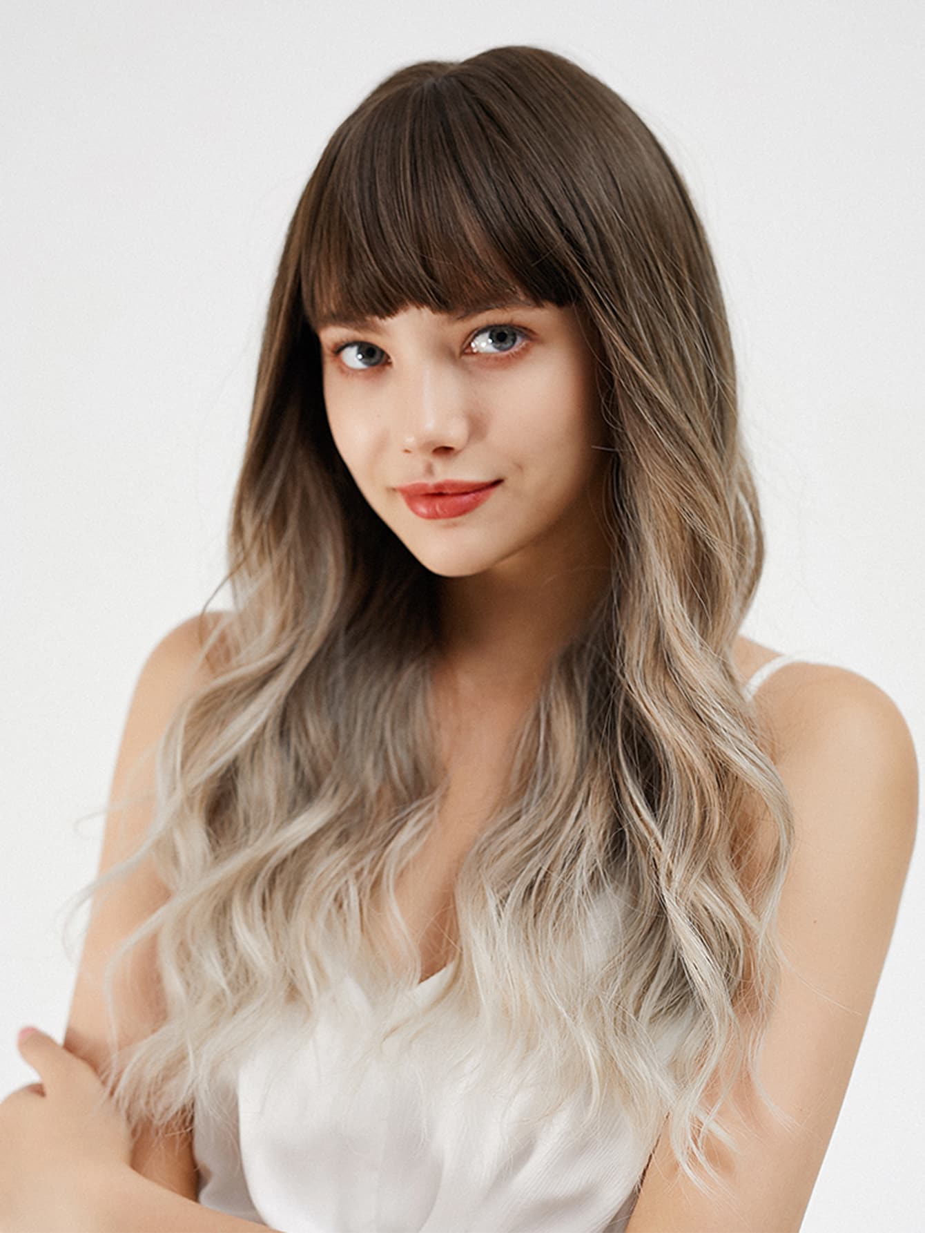Natural Ombre Long Curly Wig With Bangs - Multicolor - View 1