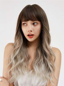 Natural Ombre Long Curly Wig With Bangs - Multicolor - View 3