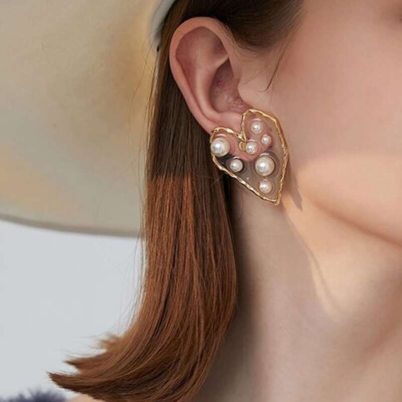 

Faux Pearl Heart Stud Earrings, Gold