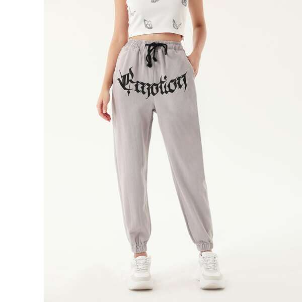

Letter Graphic Drawstring Waist Jeans, Pastel dusty purple