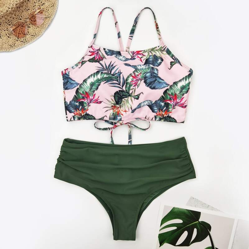 

Flower & Leaf Graphic Bikini Swimsuit, Multicolor