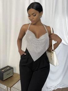 Cowl Neck Bandana Rhinestone Halter Top