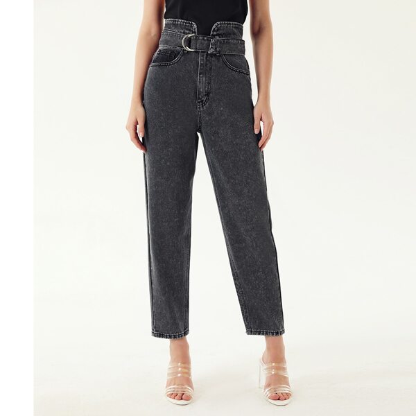 

High Waist D-ring Self Belted Jeans, Black