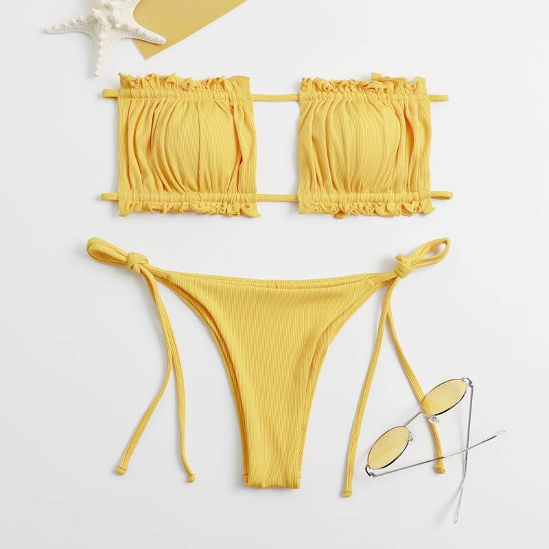 

Solid Ruched Bust Tie Side Bikini Swimsuit, Yellow
