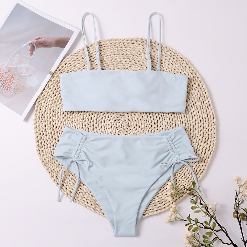 

Drawstring High Waist Bikini Swimsuit, Blue