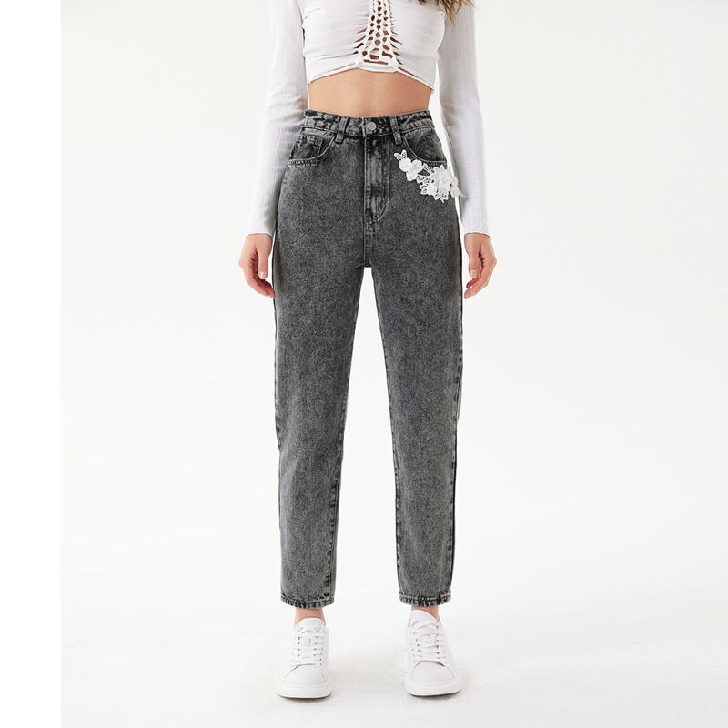 

High Waist Applique Mom Jeans, Grey