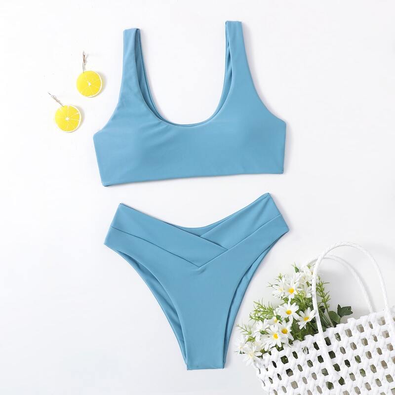 

Solid High Leg Bikini Swimsuit, Blue