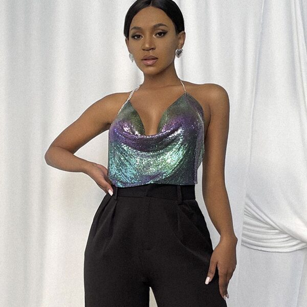 

Draped Neck Chain Backless Metallic Halter Top, Multicolor