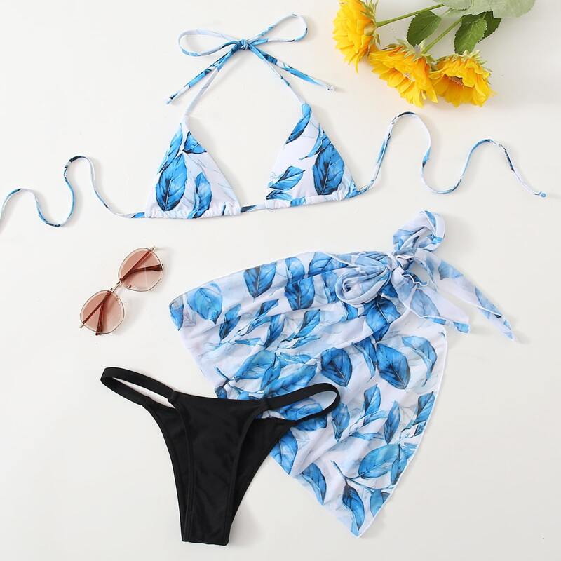 

3pack Leaf Print Triangle Bikini Swimsuit & Beach Skirt, Multicolor