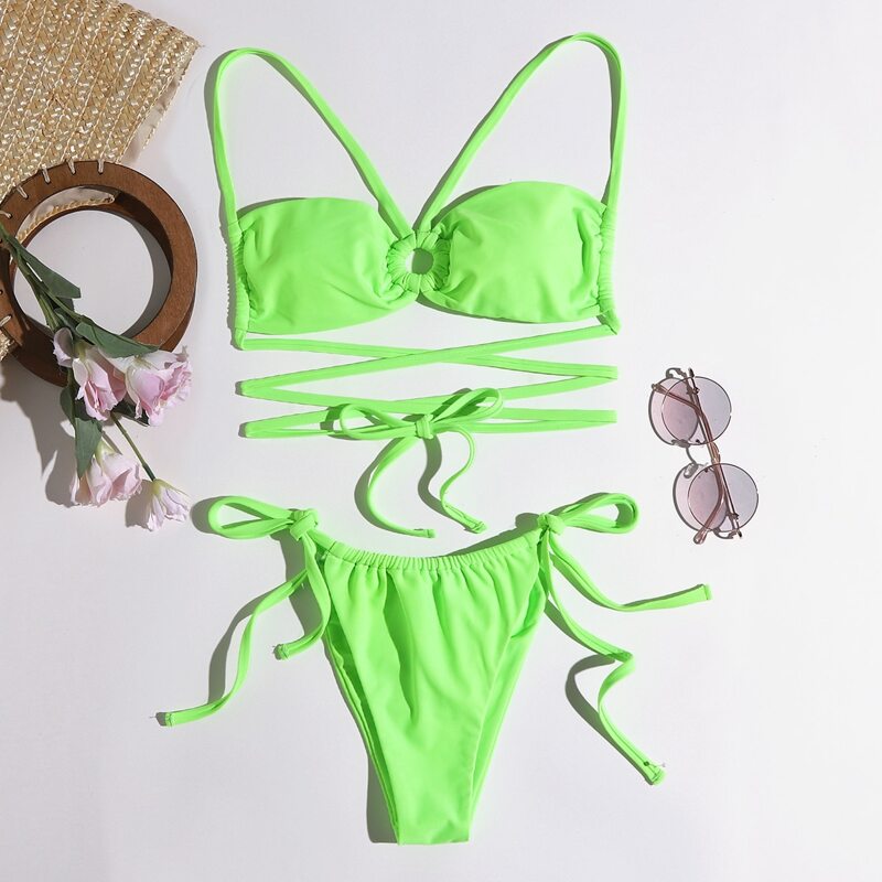 

Solid Criss Cross Tie Side Bikini Swimsuit, Green