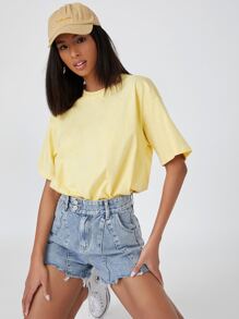 SHEIN BASICS 含棉落肩袖素色T恤 - 黃色 - 查看 1
