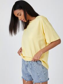 SHEIN BASICS 含棉落肩袖素色T恤 - 黃色 - 查看 3