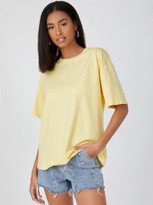 SHEIN BASICS 含棉落肩袖素色T恤 - 黃色 - 查看 4