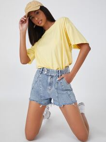SHEIN BASICS 含棉落肩袖素色T恤 - 黃色 - 查看 5
