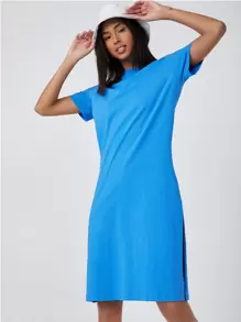 SHEIN BASICS Cotton Split Hem Solid Dress - Blue - View 1