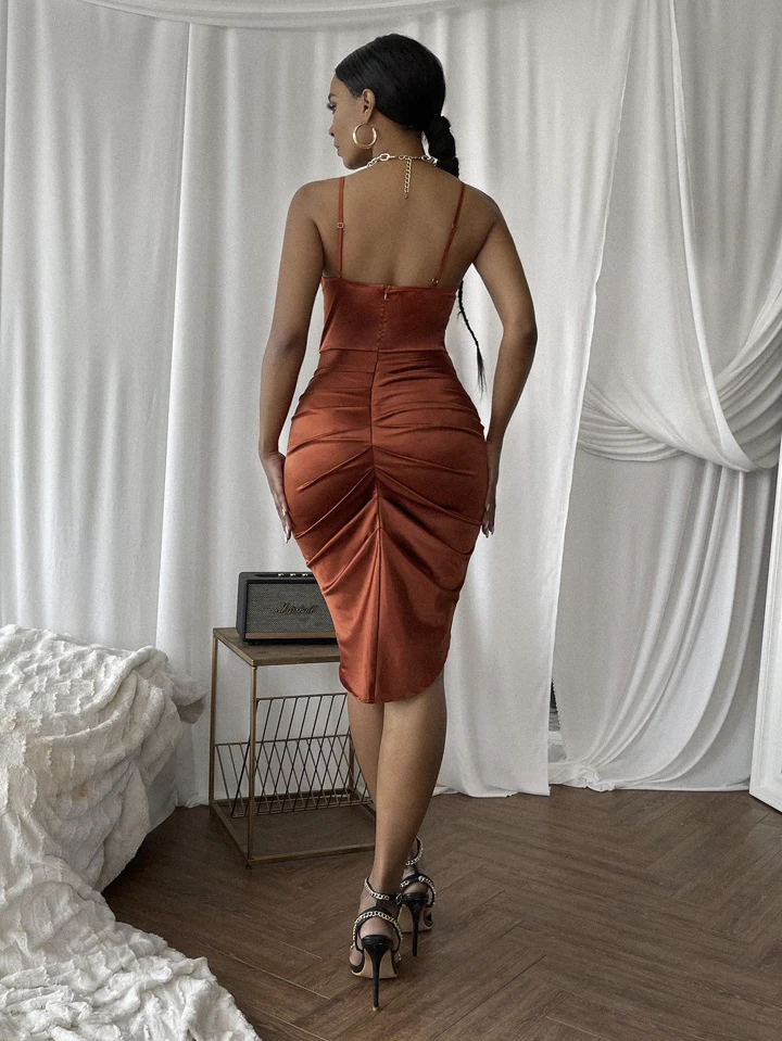cowl neck ruched bodycon midi dress Silver Cowl Neck Ruched Side Midi Dress – AX Paris US main image 1