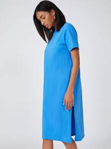 SHEIN BASICS Cotton Split Hem Solid Dress - Blue - View 3