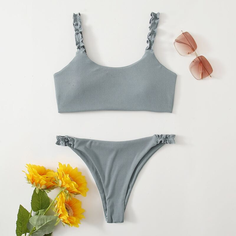 

Ribbed Frill Trim Bikini Swimsuit, Grey