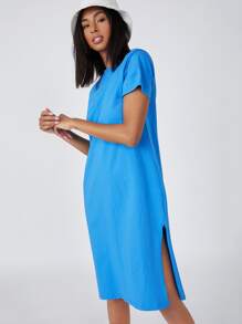 SHEIN BASICS Cotton Split Hem Solid Dress - Blue - View 4