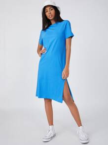 SHEIN BASICS Cotton Split Hem Solid Dress - Blue - View 5