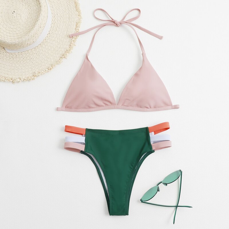 

Colorblock Halter Cut Out Bikini Swimsuit, Multicolor