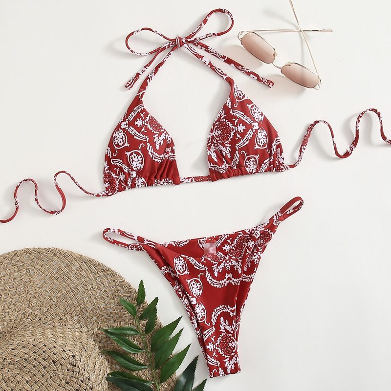 

Floral Triangle Thong Bikini Swimsuit, Red