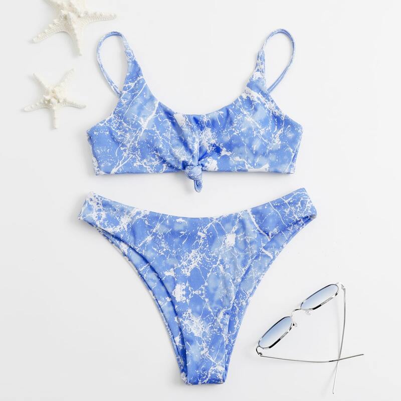 

Marble Knot Bikini Swimsuit, Blue and white