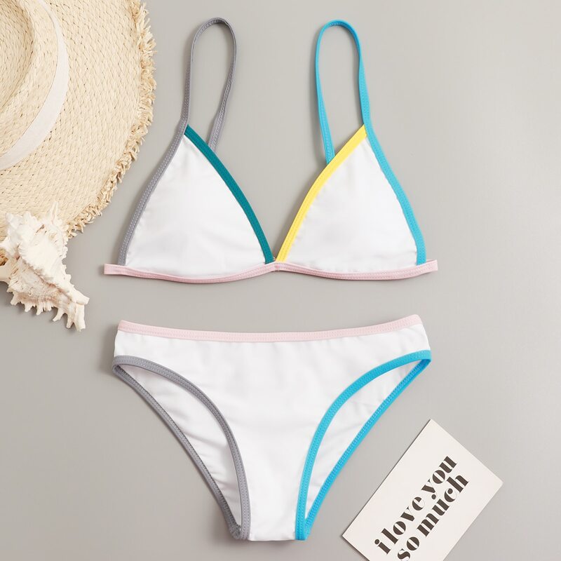 

Contrast Binding Triangle Bikini Swimsuit, White