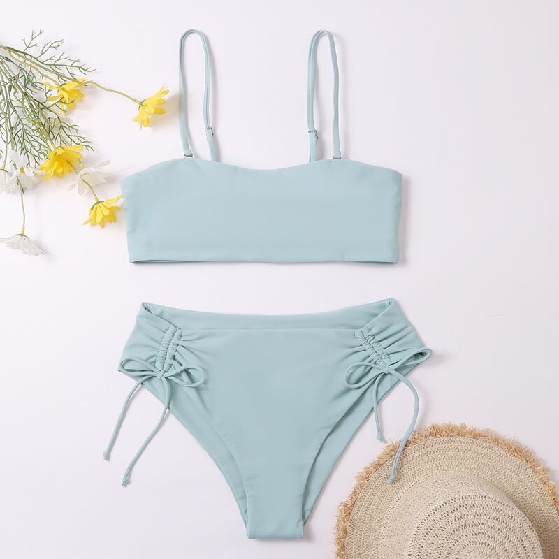 

Drawstring High Waist Bikini Swimsuit, Blue