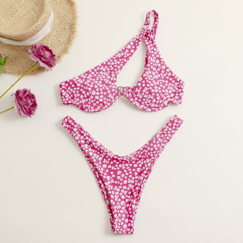 

Ditsy Flower One Shoulder High Cut Bikini Swimsuit, Pink