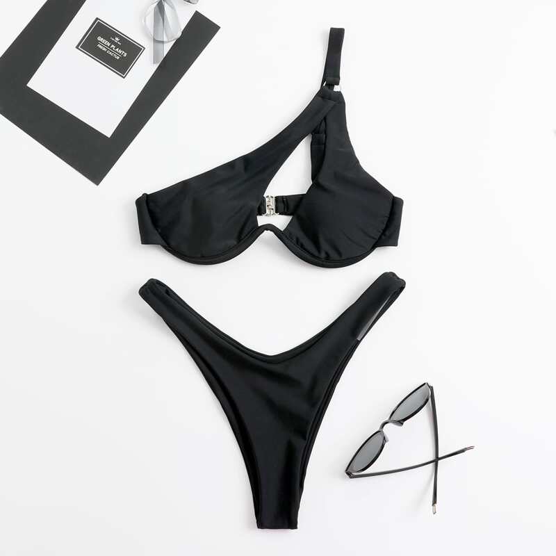 

Solid One Shoulder Cut Out High Cut Bikini Swimsuit, Black