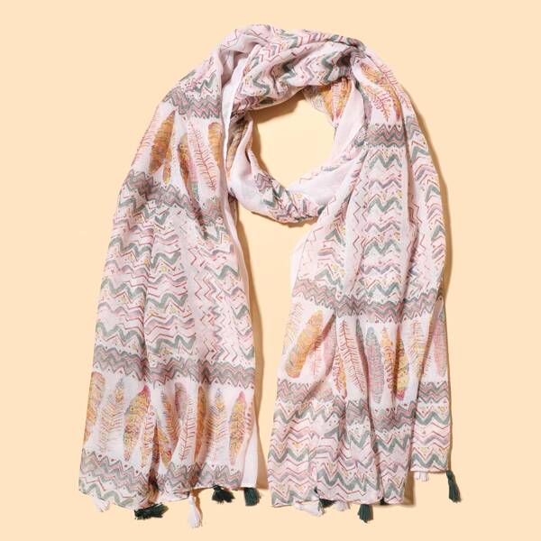 

Leaf Tassel Hem Scarf, Multicolor