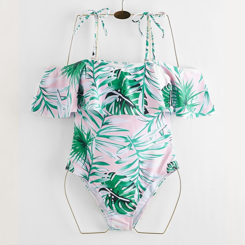 

Leaf Graphic Ruffle One Piece Swimsuit, Multicolor
