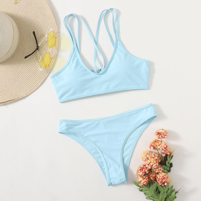 

Plain Lace-up Back Bikini Swimsuit, Baby blue