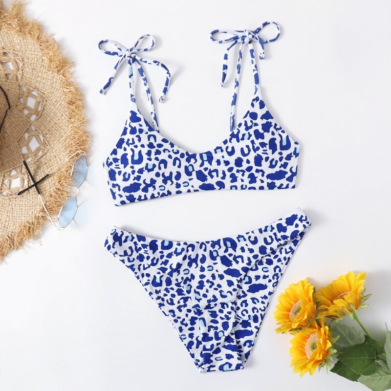 

Leopard Tie Shoulder Bikini Swimsuit, Blue and white