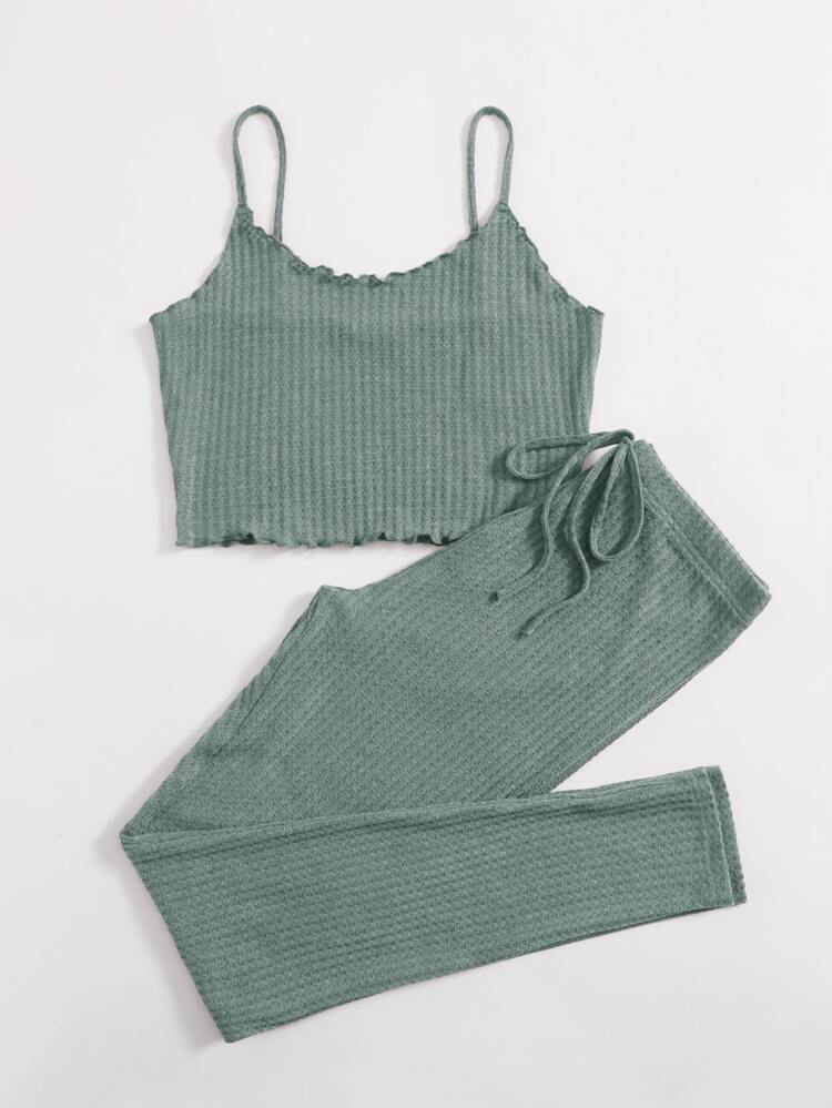 SHEIN Muchic Lettuce Edge Waffle Knit Cami Top & Leggings Set - Mint Green - View 3