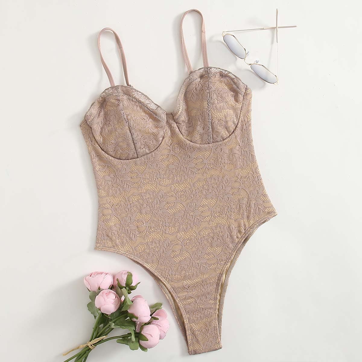 

Floral Lace One Piece Swimsuit, Brown