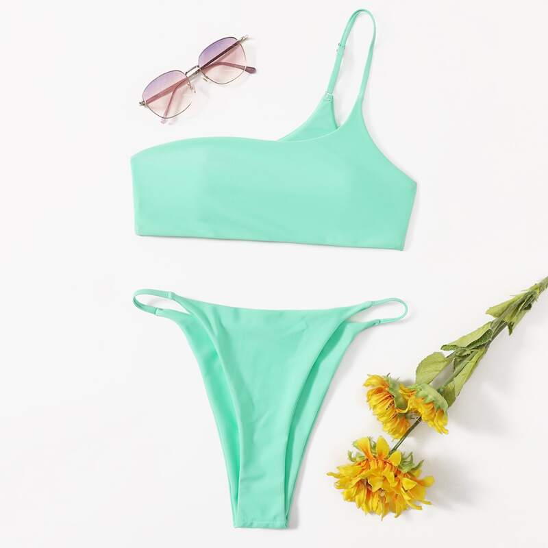 

One Shoulder Thong Bikini Swimsuit, Mint green