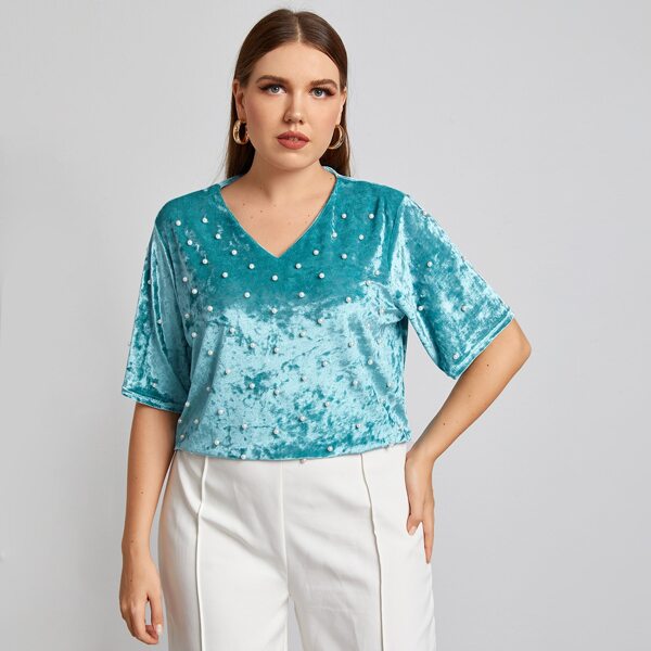 

Plus Pearls Detail Velvet Tee, Mint blue