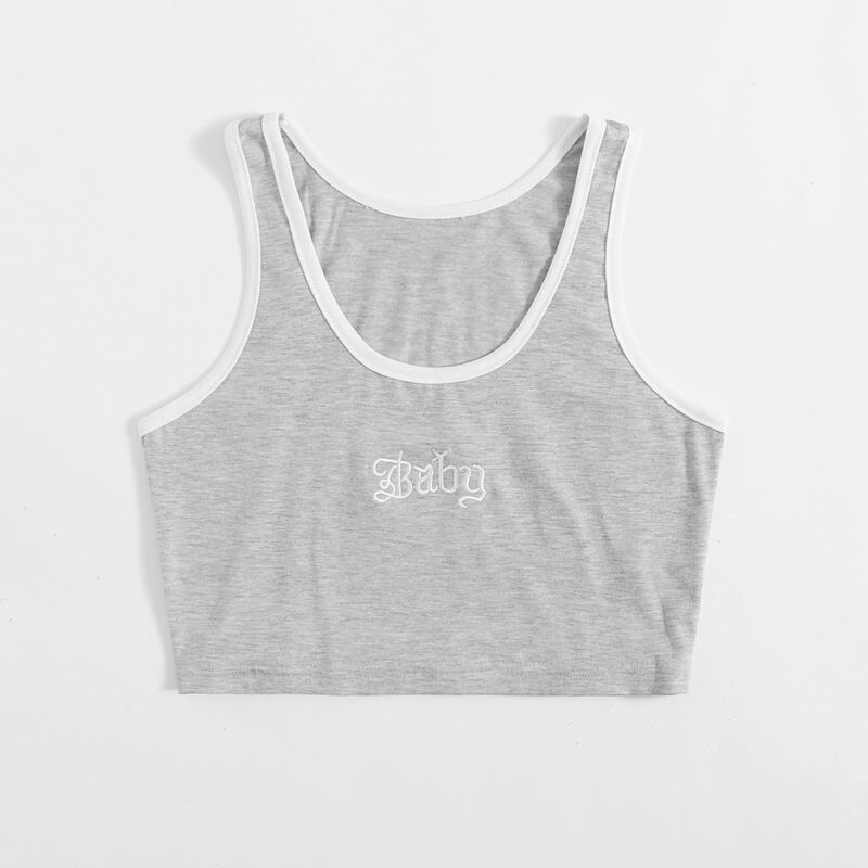 

Letter Embroidery Ringer Tank Top, Light grey