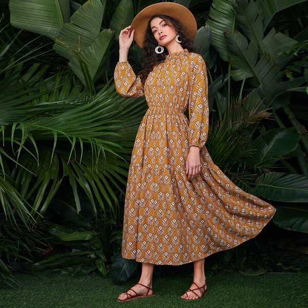 

Frilled Neck Lantern Sleeve Allover Floral Dress, Multicolor