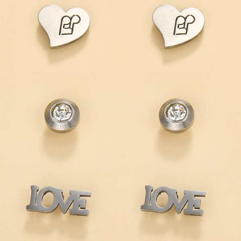 

3pairs Heart Design Stud Earrings, Silver