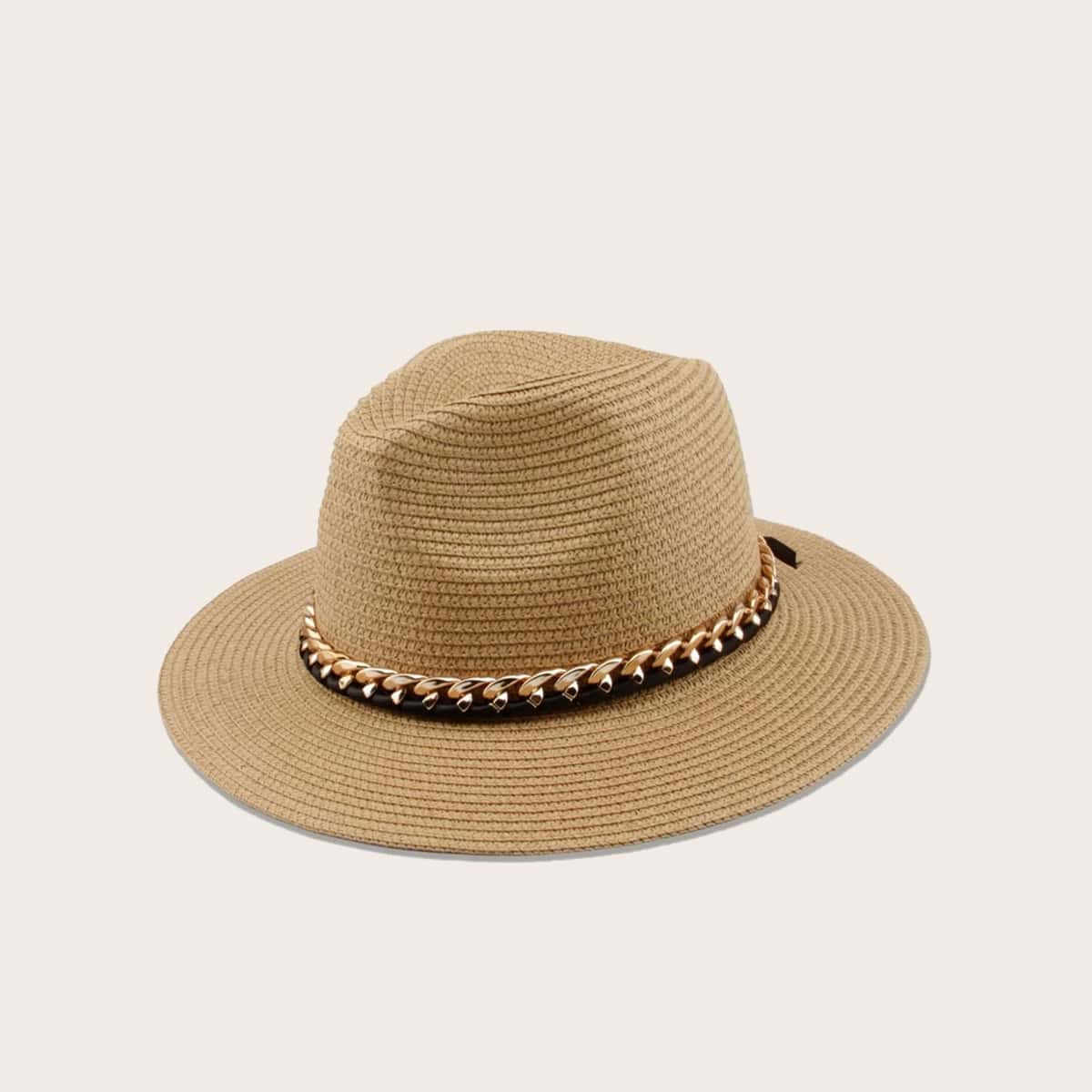 

Chain Decor Straw Hat, Khaki