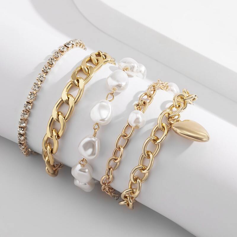 

5pcs Butterfly & Faux Pearl Chain Bracelet, Gold
