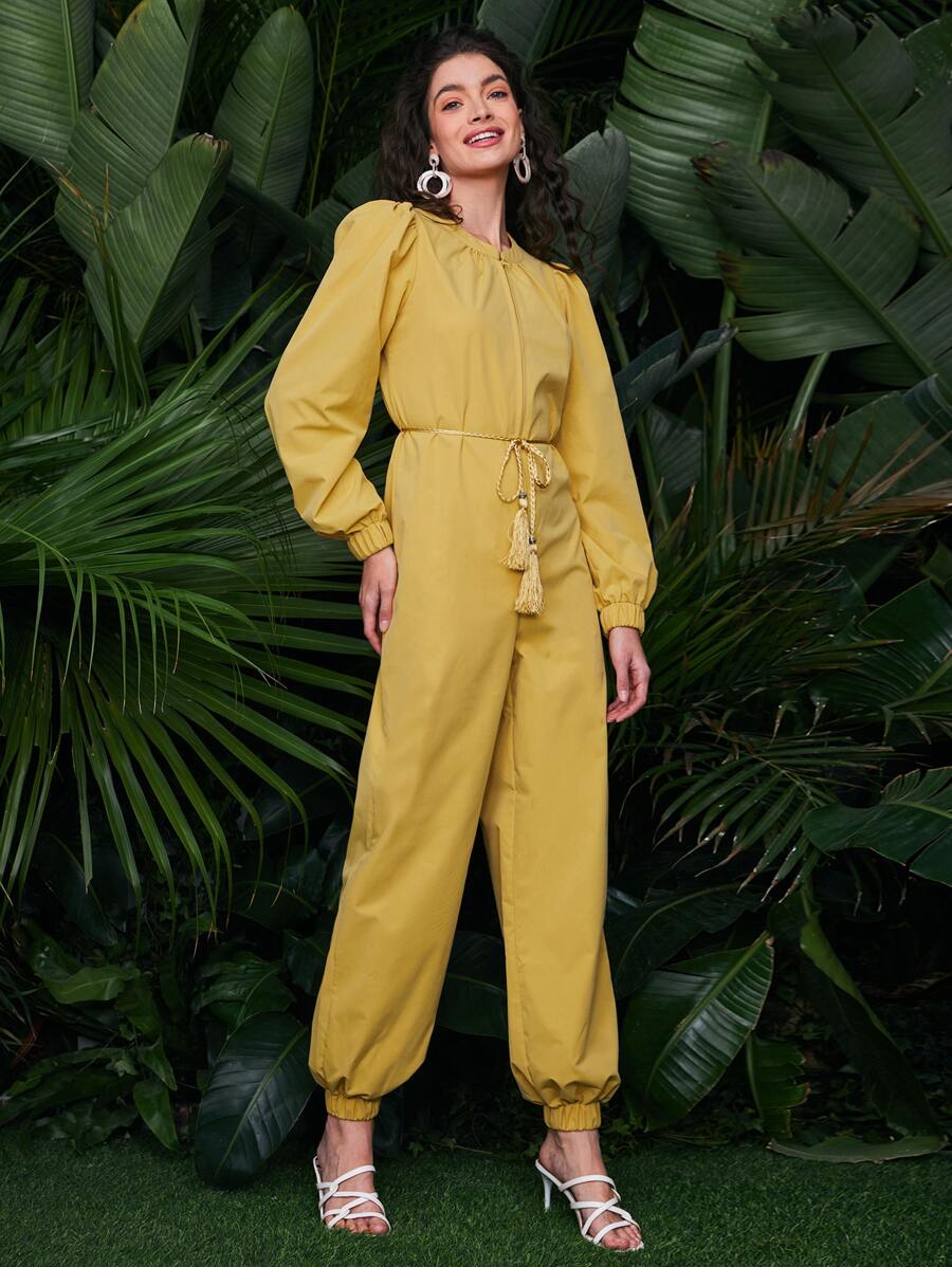 SHEIN Unity 拉鏈連身長褲帶腰帶 - 芥末黃 - 查看 1