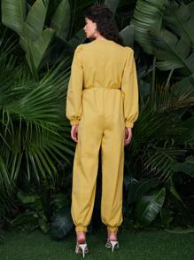 SHEIN Unity 拉鏈連身長褲帶腰帶 - 芥末黃 - 查看 2