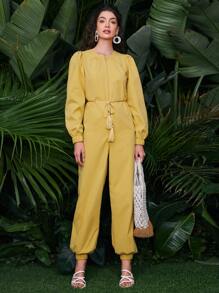 SHEIN Unity 拉鏈連身長褲帶腰帶 - 芥末黃 - 查看 4