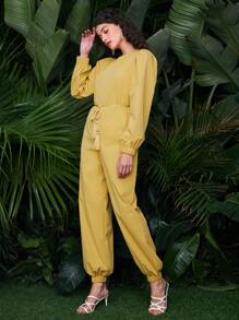 SHEIN Unity 拉鏈連身長褲帶腰帶 - 芥末黃 - 查看 5