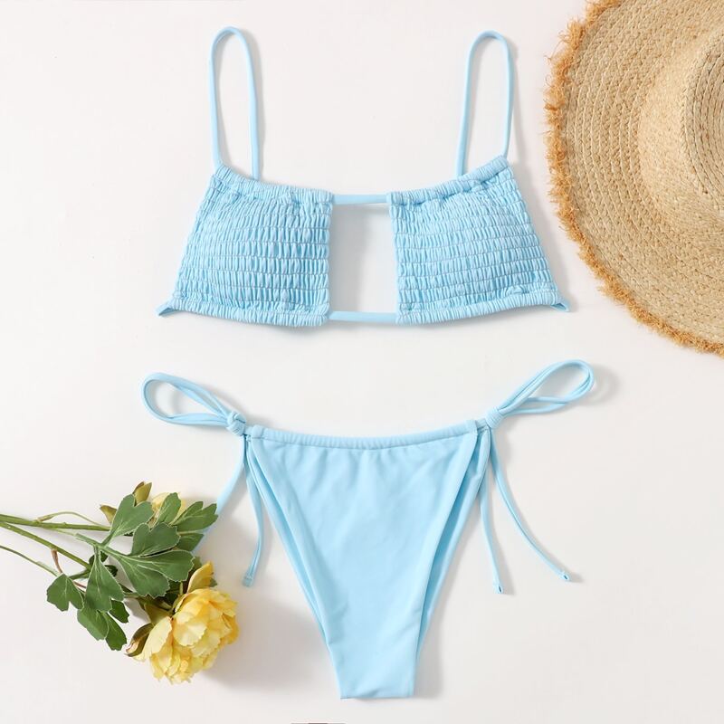 

Smocked Tie Side Bikini Swimsuit, Baby blue