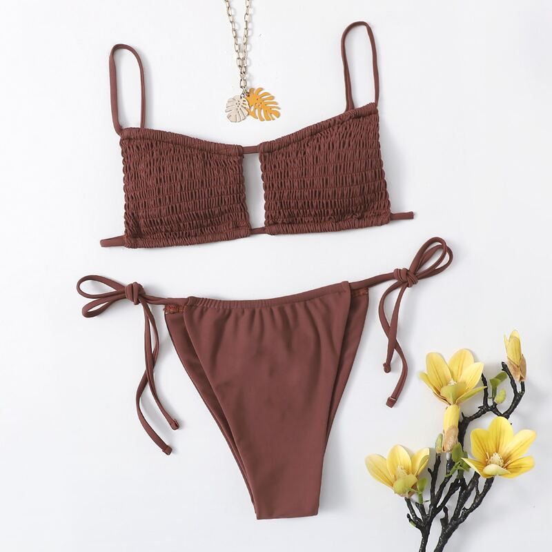

Smocked Tie Side Bikini Swimsuit, Brown